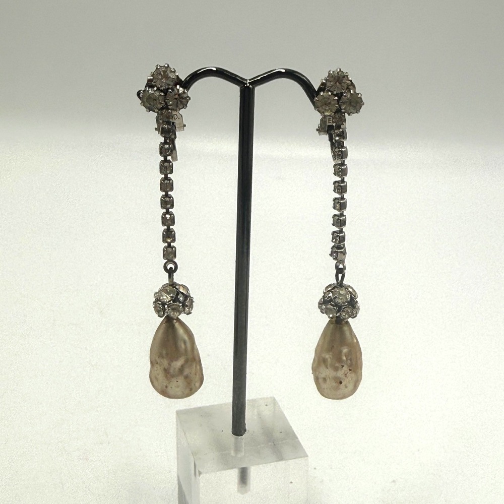 Vintage Rhinestone Faux Pearl Teardrop Drop Earrings Silver Tone Clip On Bridal